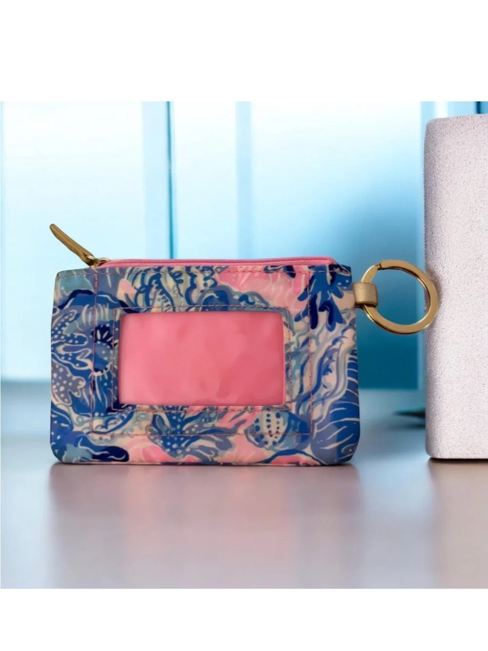 Lilly Pulitzer Pink, Blue & Gold Floral Card/ID Holder Keychain